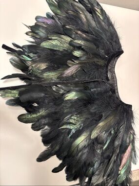 bebe Iridescent Black Feather Capelet with Green and Purple Sheen